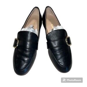 Essex Lane Womens Black Gemma Leather With Gold Buckle Loafers Size 8M